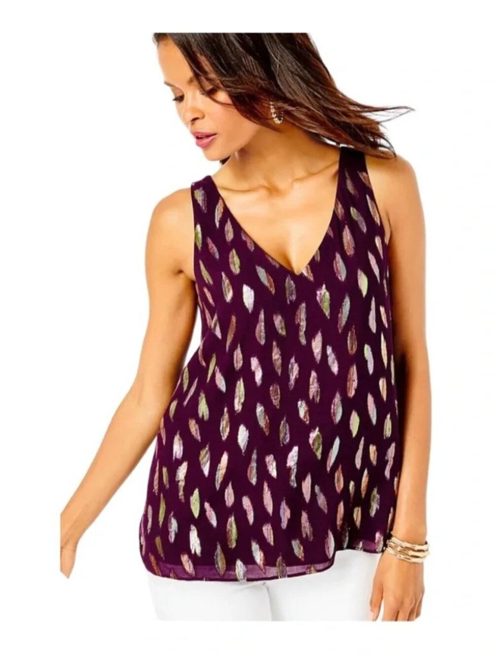 Lilly Pulitzer Florin Sleeveless V Neck Metallic Feathers Cherry Ganache - Small